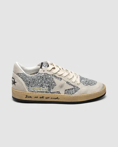Golden Goose Ball Star in silver glitter with ice-gray suede inserts