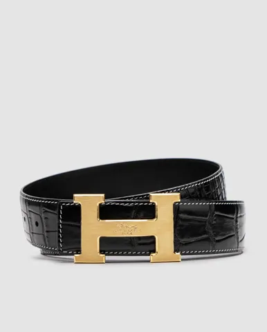 Hermes Constance Belt in Porosus Crocodile Black/Gold