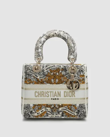 Dior Medium Lady D-Lite Bag Toile de Jouy Zodiac Embroidery Brown/Gold