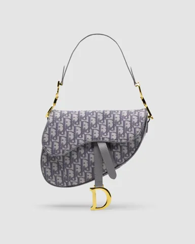 Christian Dior Saddle Bag Gray Oblique Embroidery/Gold